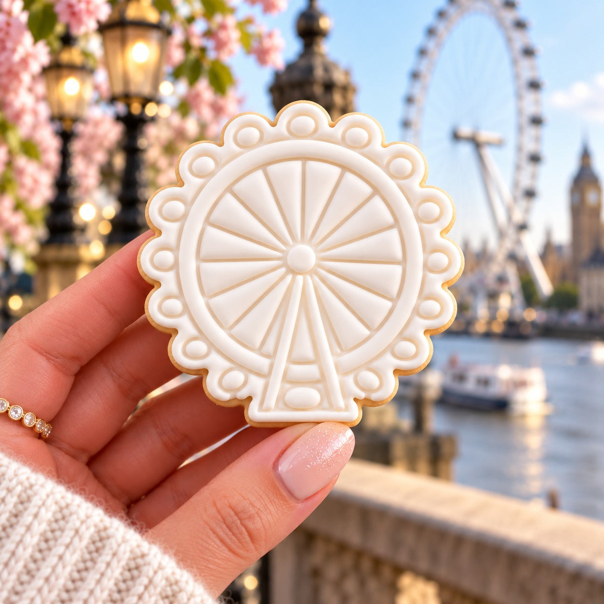 London Eye London Capital City Cookie Cutter and Stamp - decorated cookie held in hand
