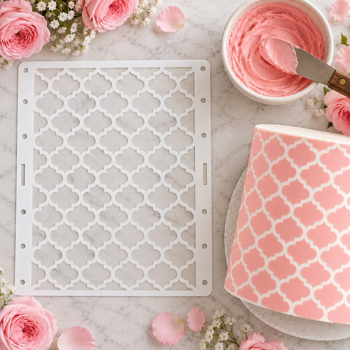 Many Mosaics Cake Stencil - XL Design Size - flat lay of the stencil with royal icing