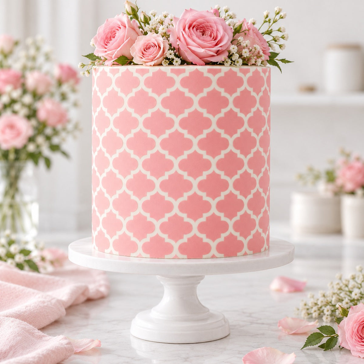 Many Mosaics Cake Stencil - XL Design Size - cake decorated with the stencil design