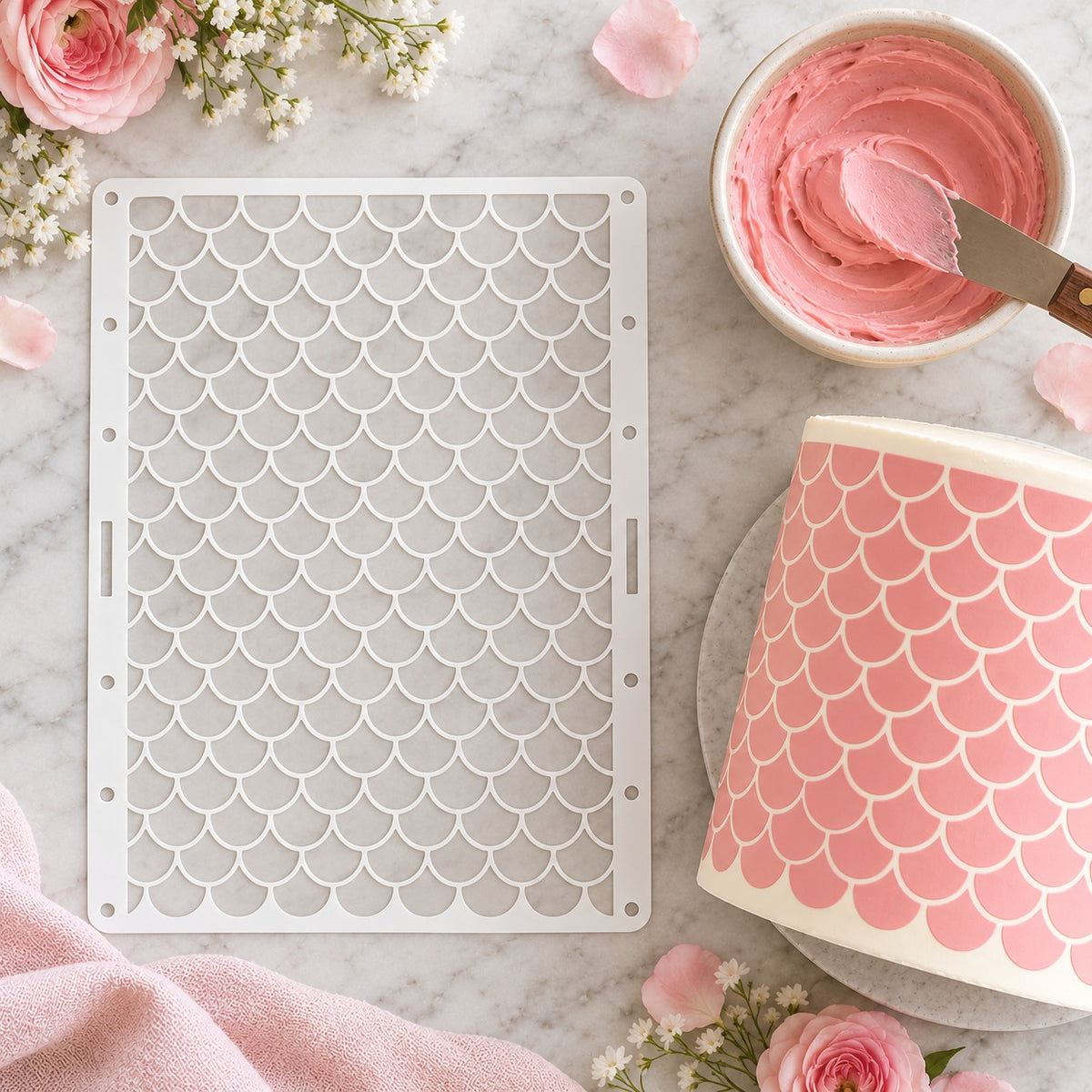 Mermaid Scales Cake Stencil - XL Size Design - flat lay of the stencil with royal icing