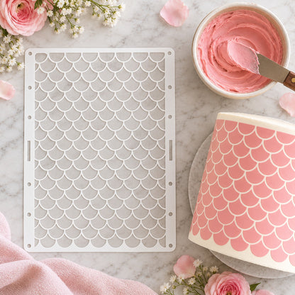 Mermaid Scales Cake Stencil - XL Size Design - flat lay of the stencil with royal icing