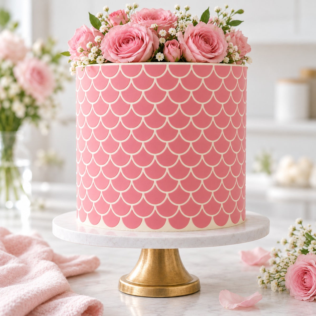 Mermaid Scales Cake Stencil - XL Size Design - cake decorated with the stencil design