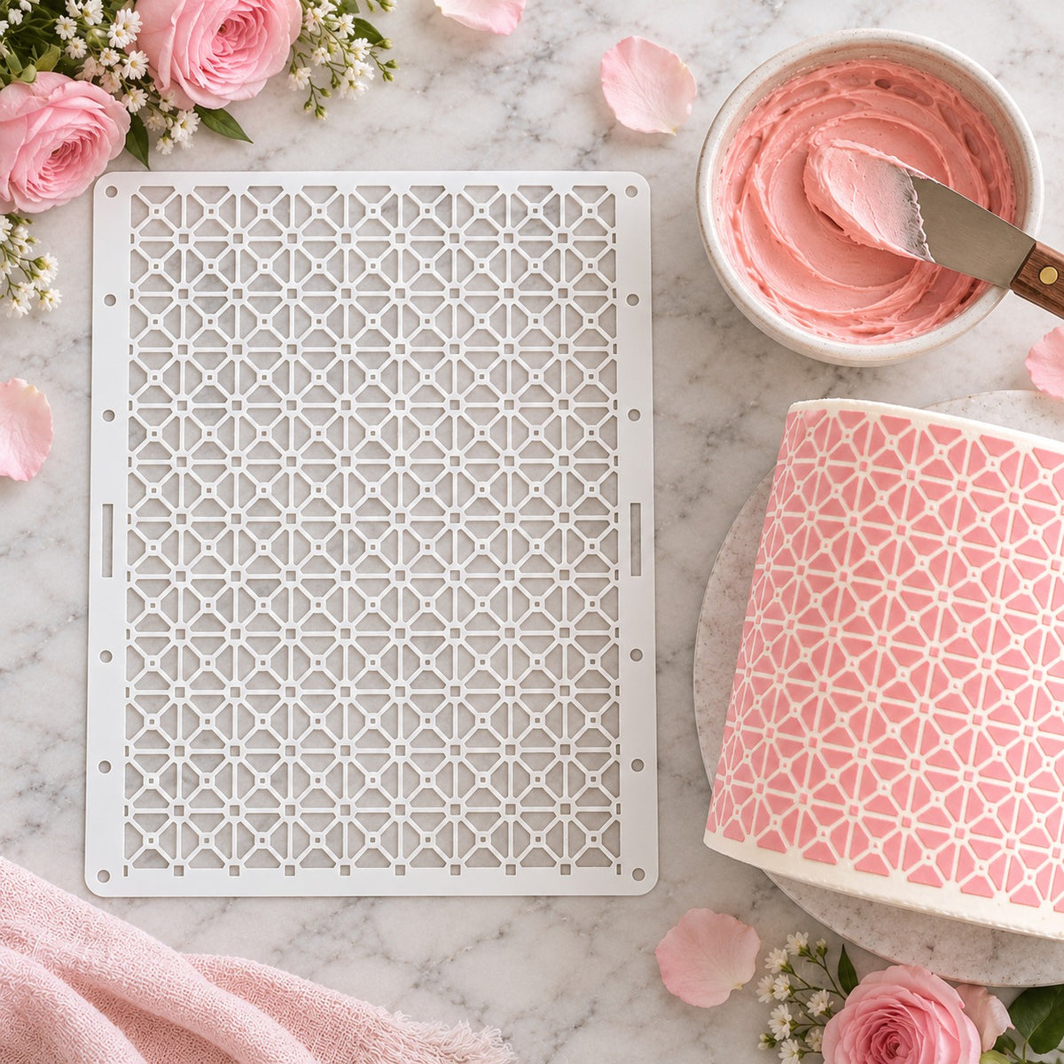 Mini Diamonds Geometric Cake Stencil - XL Size Design - flat lay of the stencil with royal icing