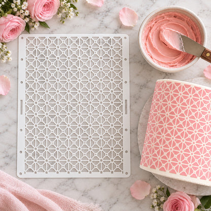 Mini Diamonds Geometric Cake Stencil - XL Size Design - flat lay of the stencil with royal icing
