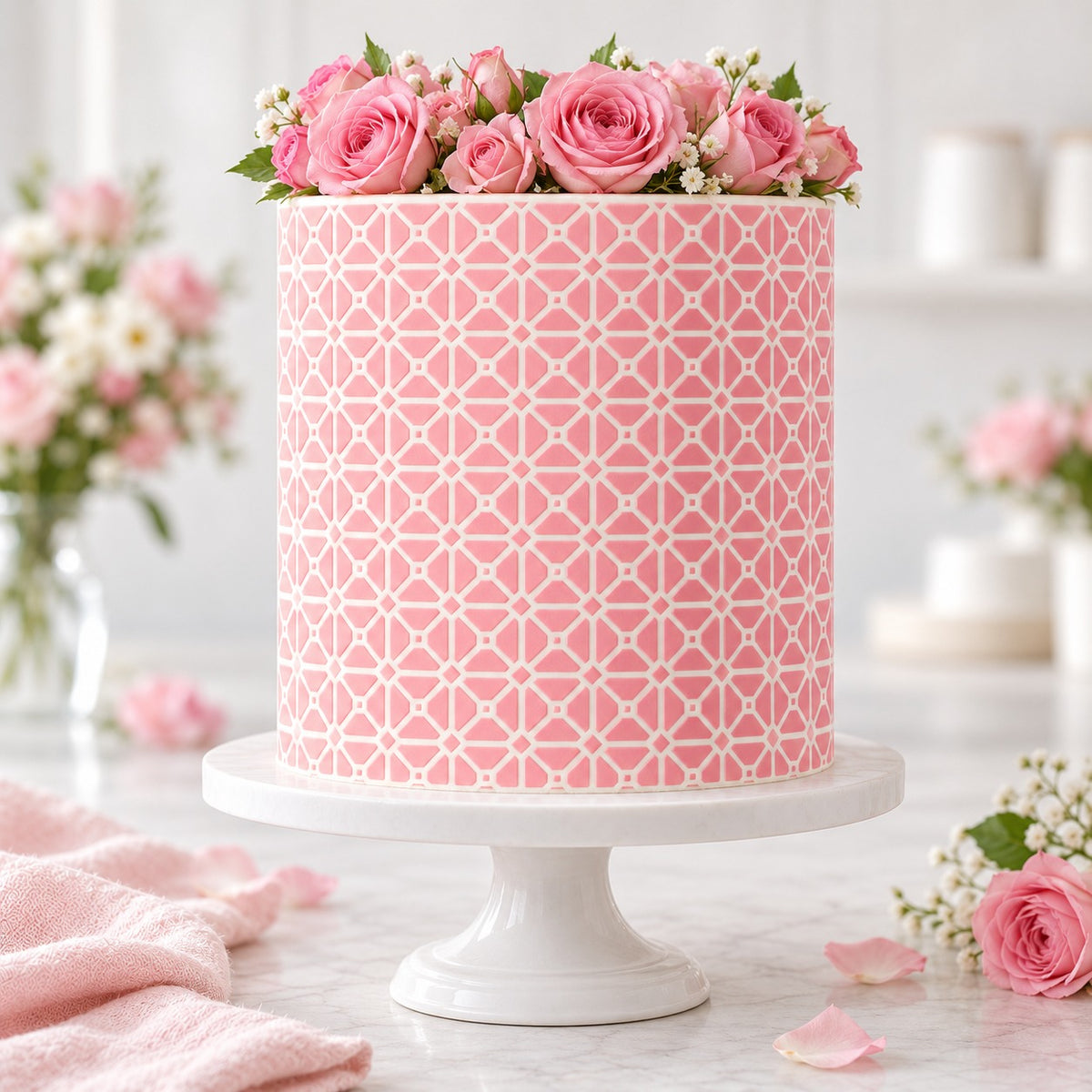 Mini Diamonds Geometric Cake Stencil - XL Size Design - cake decorated with the stencil design