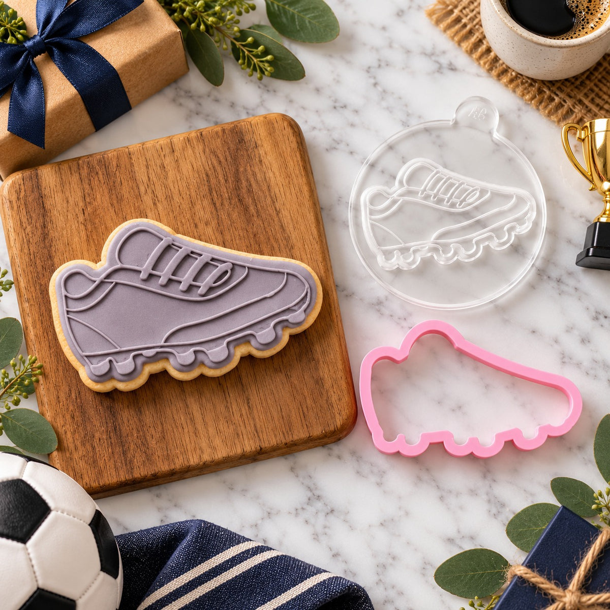Mini Football Boot Father's Day Cookie Cutter and Embosser - flat lay with the finished cookie