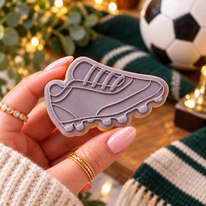 Mini Football Boot Father's Day Cookie Cutter and Embosser - decorated cookie held in hand