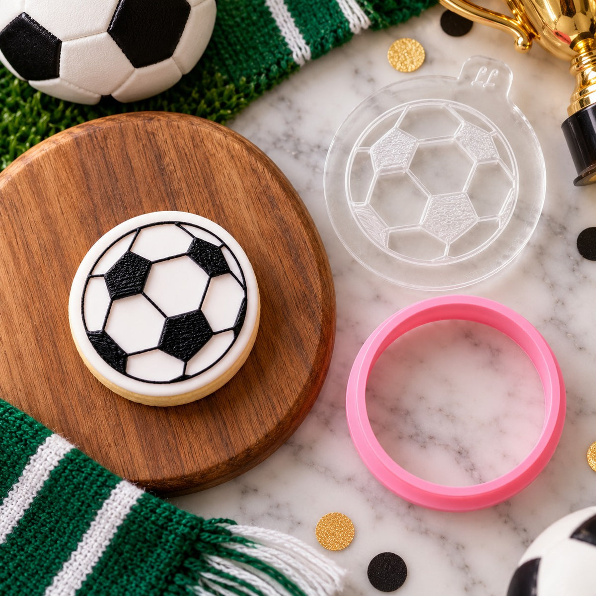 Mini Football Father's Day Cookie Cutter and Embosser - flat lay with the finished cookie