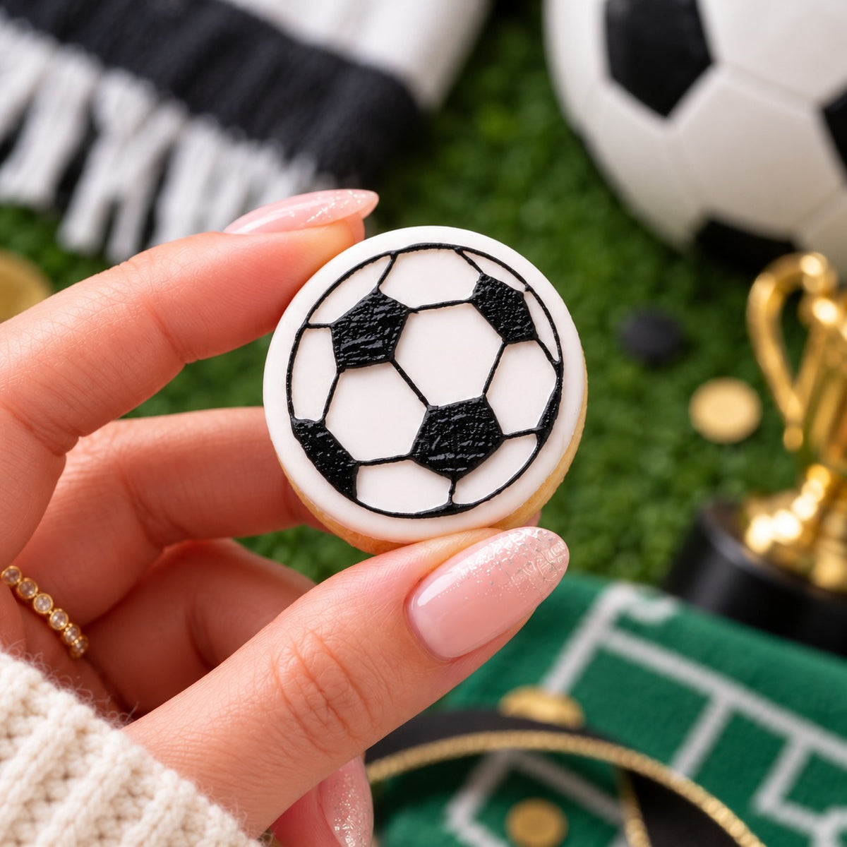 Mini Football Father's Day Cookie Cutter and Embosser - decorated cookie held in hand