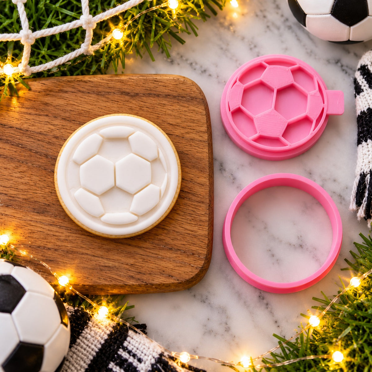 Mini Football Father's Day Cookie Cutter and Stamp - flat lay with the finished cookie