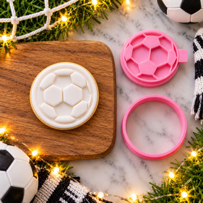 Mini Football Father's Day Cookie Cutter and Stamp - flat lay with the finished cookie