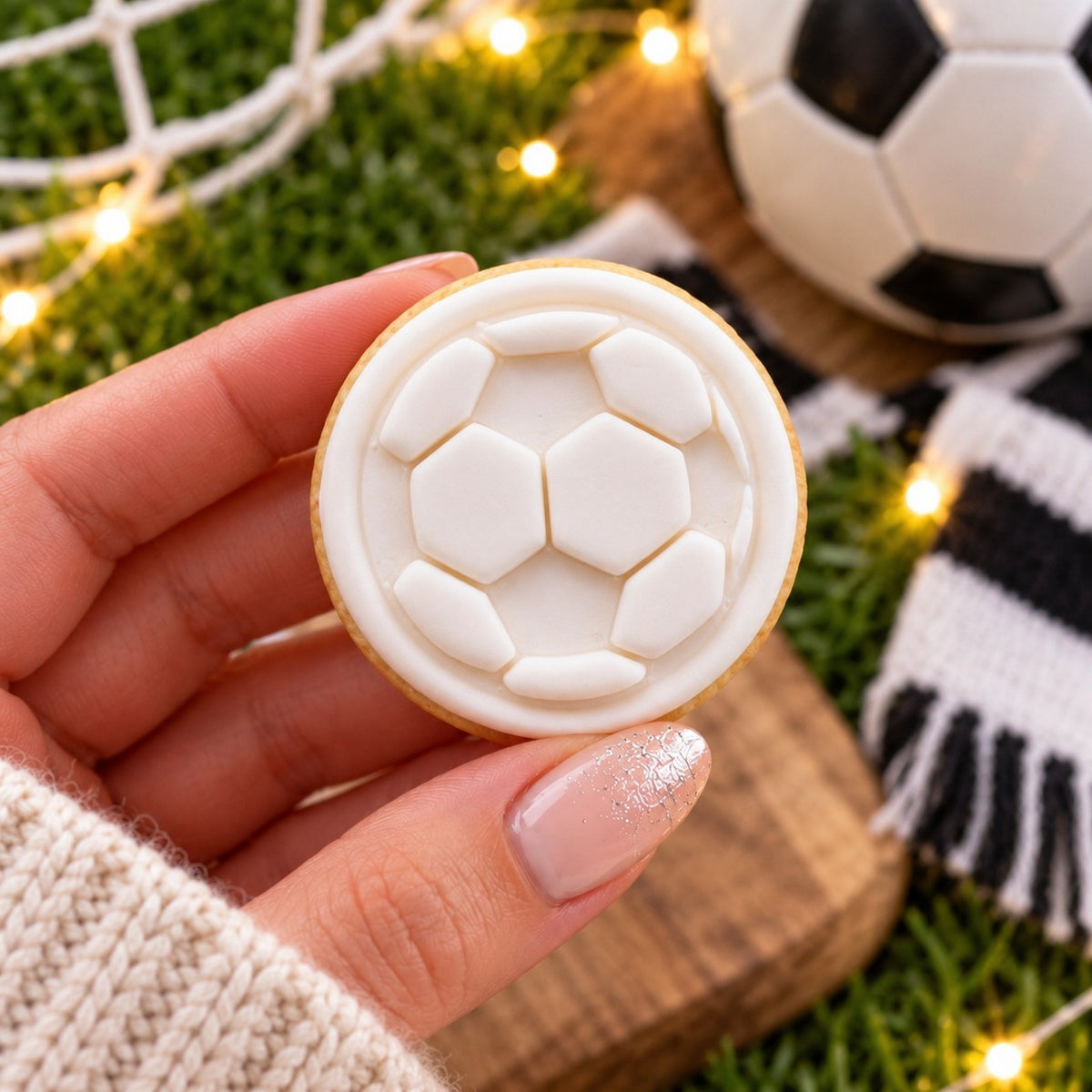 Mini Football Father's Day Cookie Cutter and Stamp - decorated cookie held in hand
