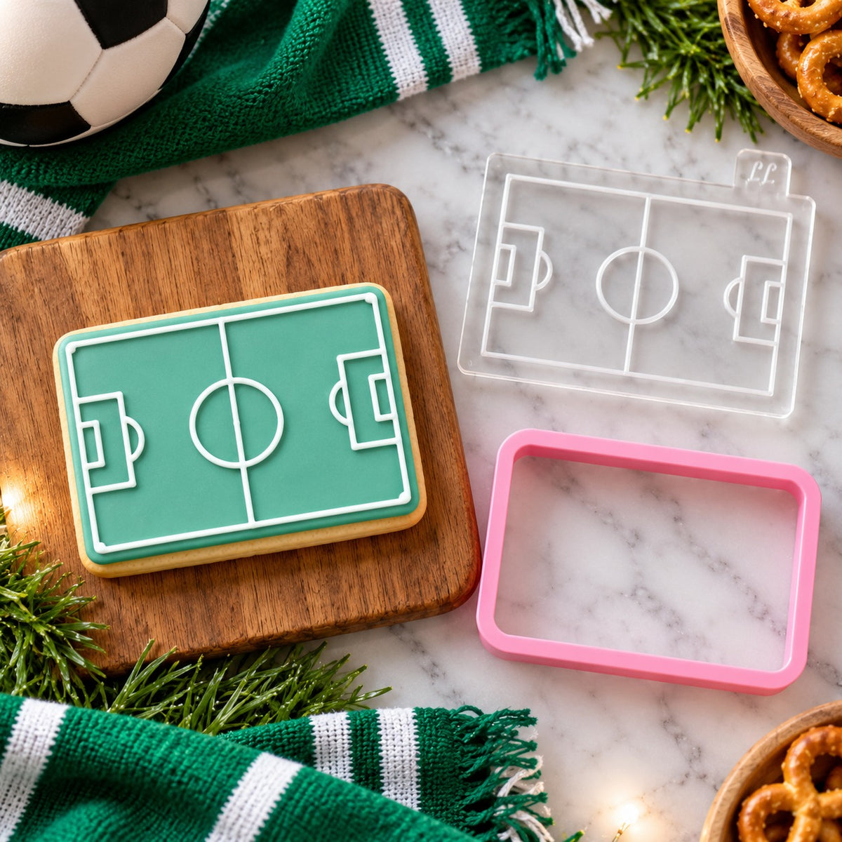 Mini Football Pitch Father's Day Cookie Cutter and Embosser - flat lay with the finished cookie