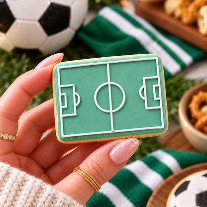 Mini Football Pitch Father's Day Cookie Cutter and Embosser - decorated cookie held in hand