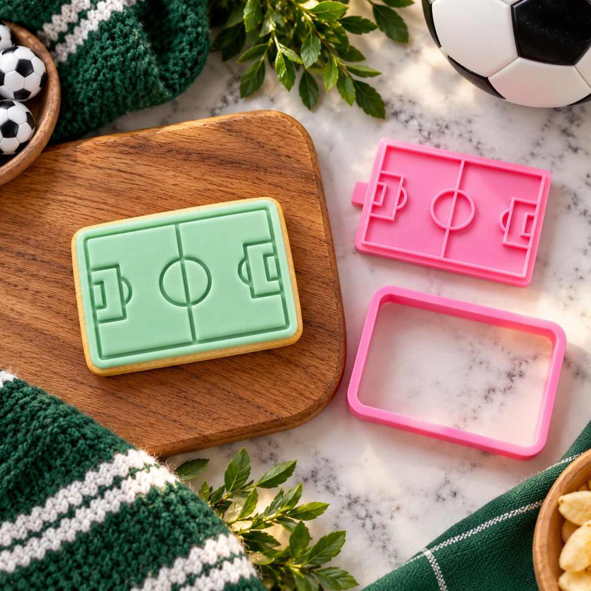 Mini Football Pitch Father's Day Cookie Cutter and Stamp - flat lay with the finished cookie