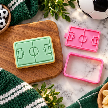 Mini Football Pitch Father's Day Cookie Cutter and Stamp - flat lay with the finished cookie