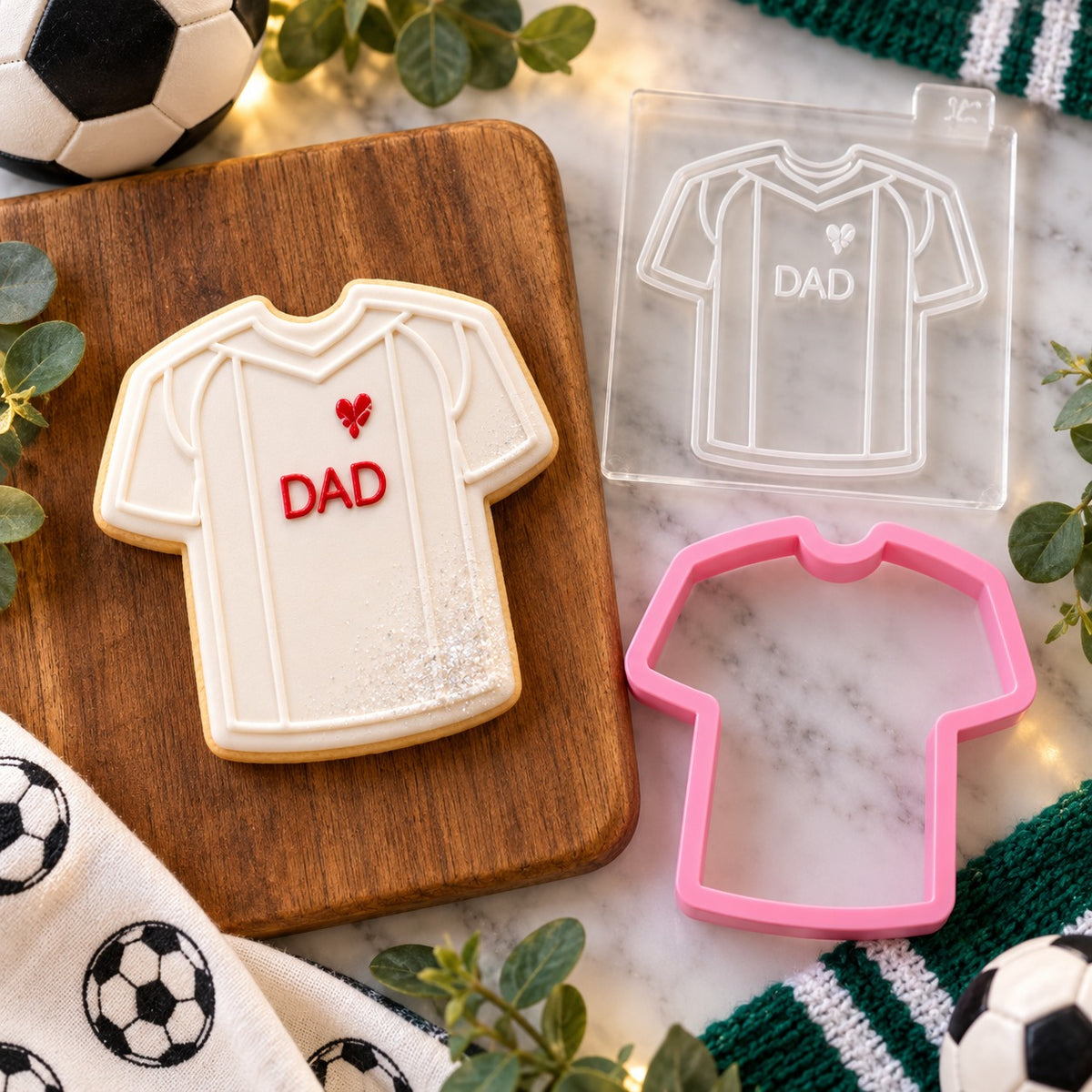 Mini Football Shirt Father's Day Cookie Cutter and Embosser - flat lay with the finished cookie