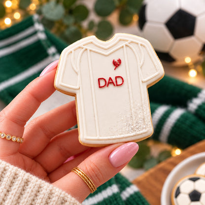 Mini Football Shirt Father's Day Cookie Cutter and Embosser - decorated cookie held in hand