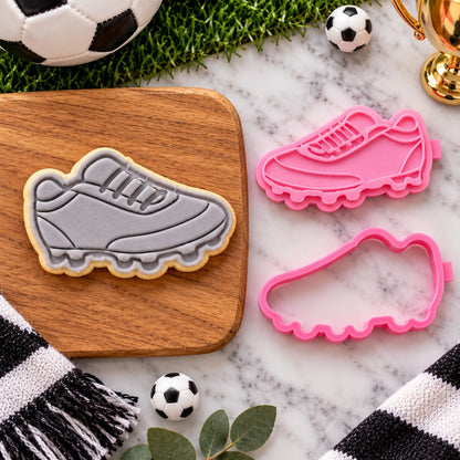 Mini Football Boot Father's Day Cookie Cutter and Stamp - flat lay with the finished cookie