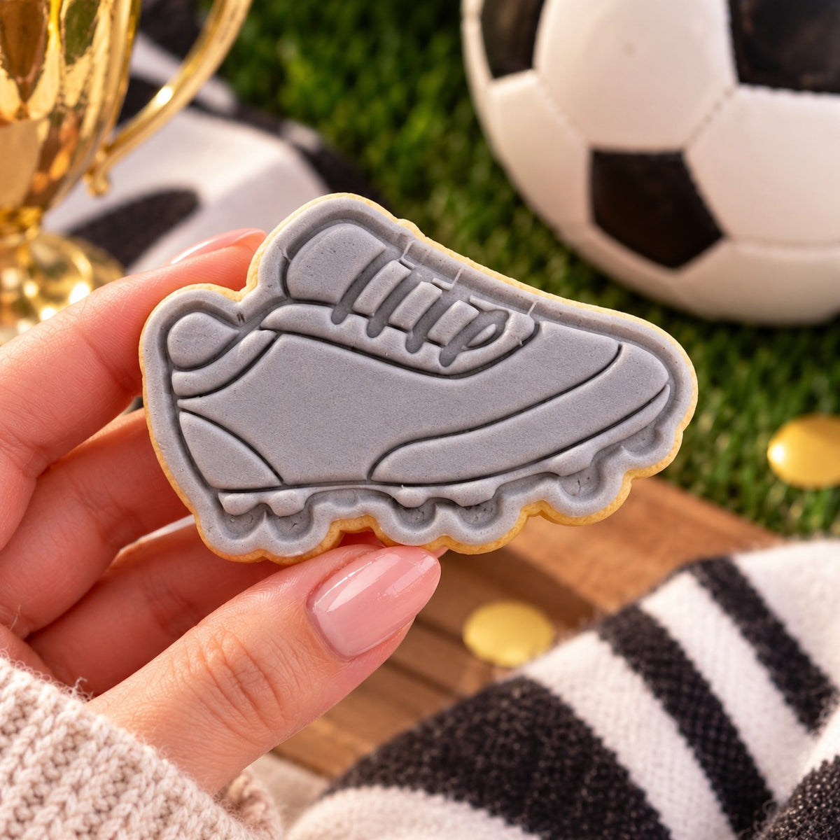 Mini Football Boot Father's Day Cookie Cutter and Stamp - decorated cookie held in hand
