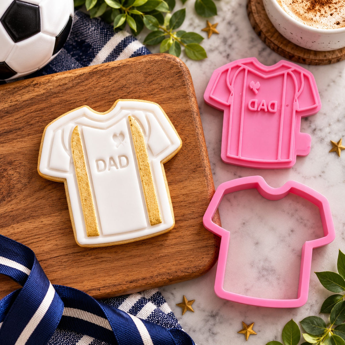 Mini Football Shirt Father's Day Cookie Cutter and Stamp - flat lay with the finished cookie
