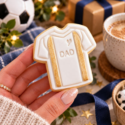 Mini Football Shirt Father's Day Cookie Cutter and Stamp - decorated cookie held in hand