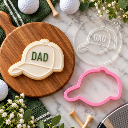 Mini Golf Cap Father's Day Cookie Cutter and Embosser - flat lay with the finished cookie