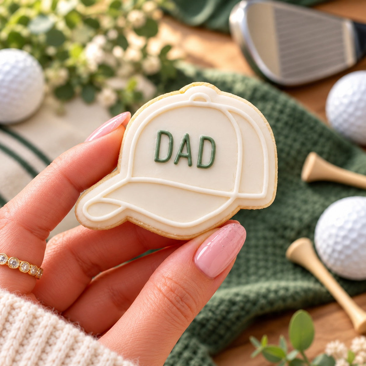 Mini Golf Cap Father's Day Cookie Cutter and Embosser - decorated cookie held in hand