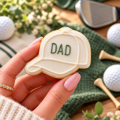 Mini Golf Cap Father's Day Cookie Cutter and Embosser - decorated cookie held in hand