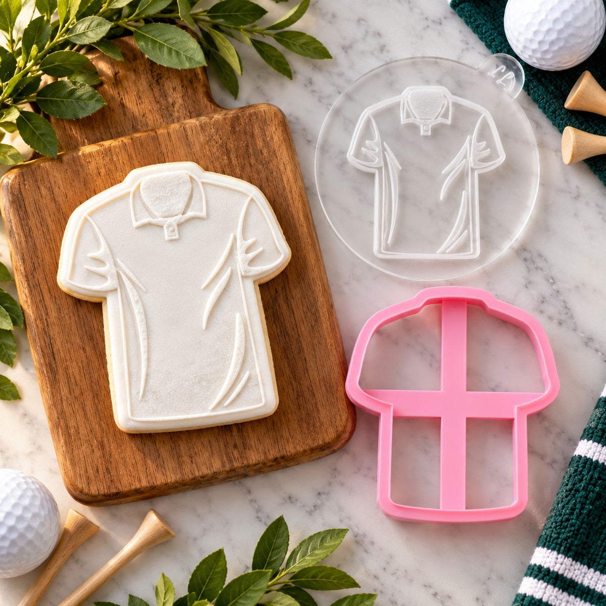 Mini Golf Shirt Father's Day Cookie Cutter and Embosser - flat lay with the finished cookie