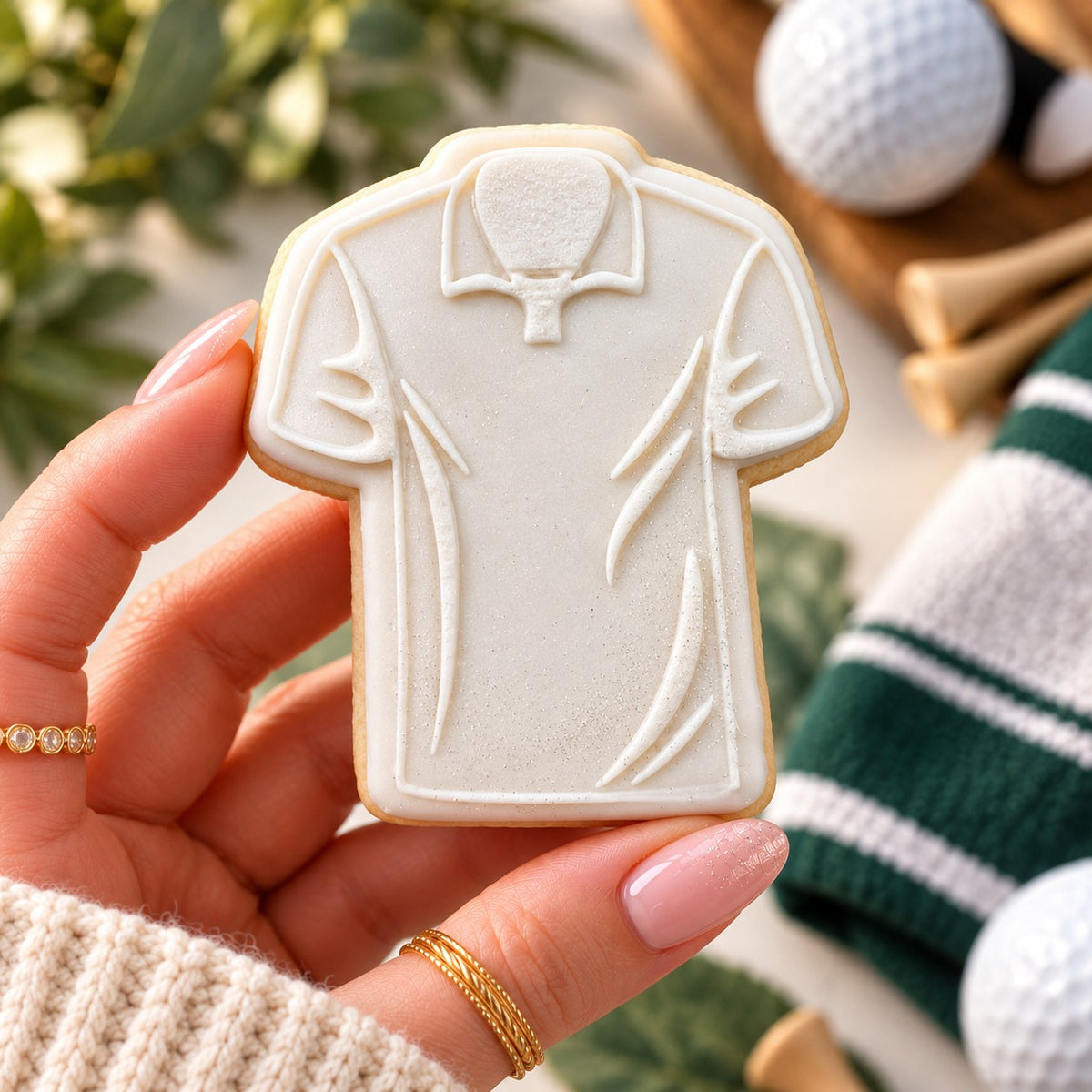 Mini Golf Shirt Father's Day Cookie Cutter and Embosser - decorated cookie held in hand