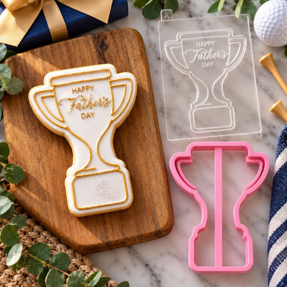 Trophy Happy Father's Day Cookie Cutter and Embosser - flat lay with the finished cookie
