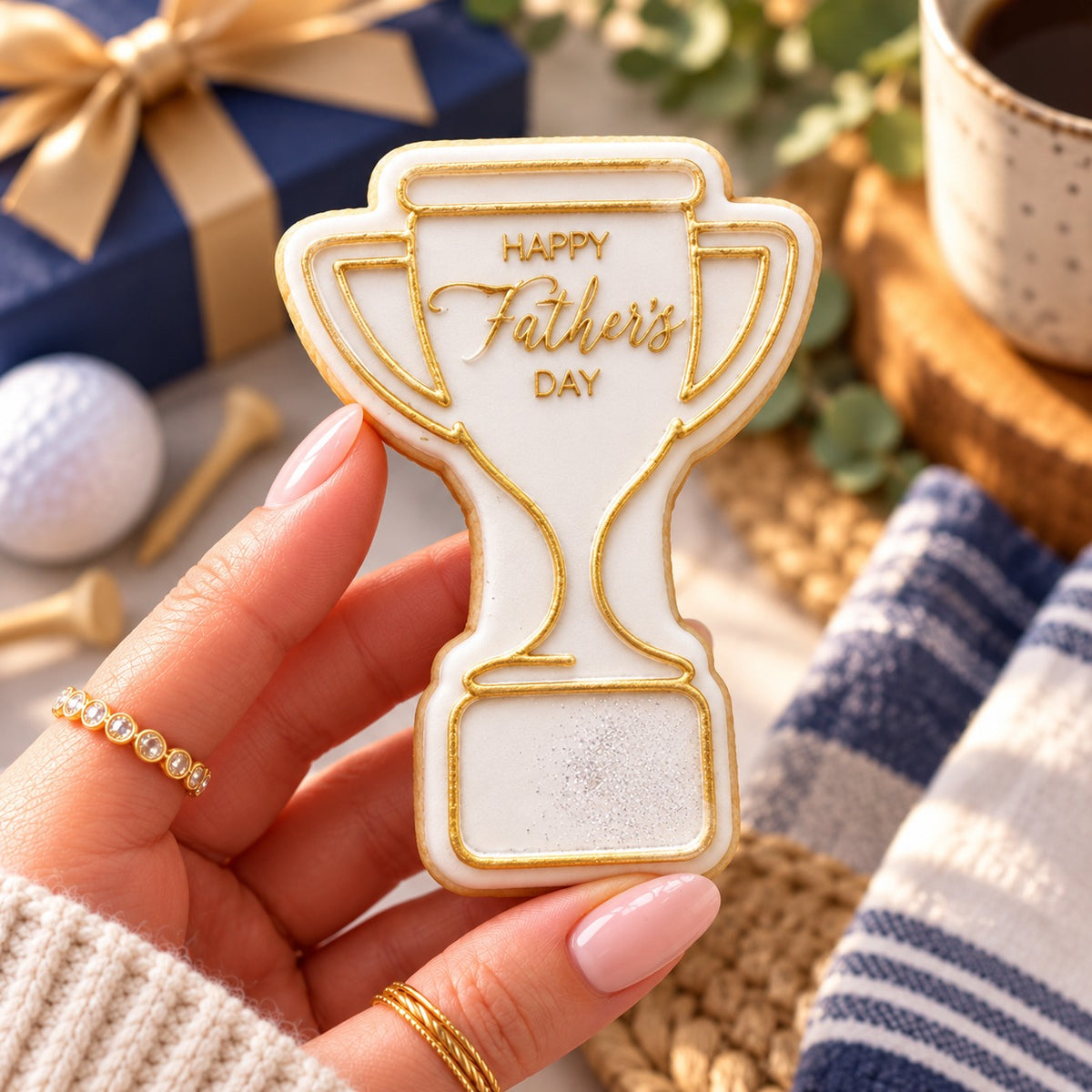 Trophy Happy Father's Day Cookie Cutter and Embosser - decorated cookie held in hand