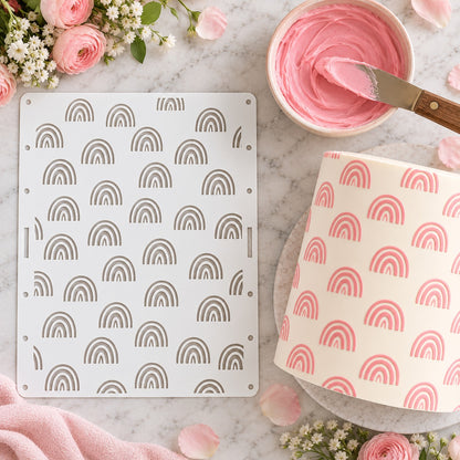 Modern Rainbow Cake Stencil - XL Size Design - flat lay of the stencil with royal icing