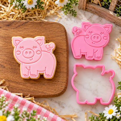 Pig Farm Yard Cookie Cutter and Stamp - flat lay with the finished cookie