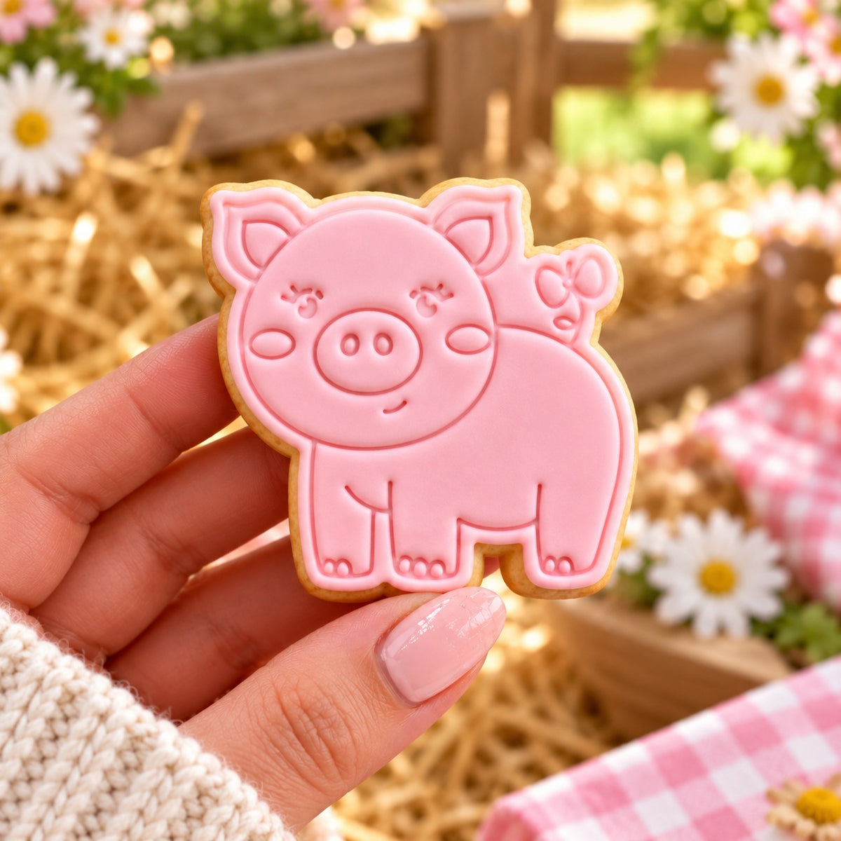 Pig Farm Yard Cookie Cutter and Stamp - decorated cookie held in hand