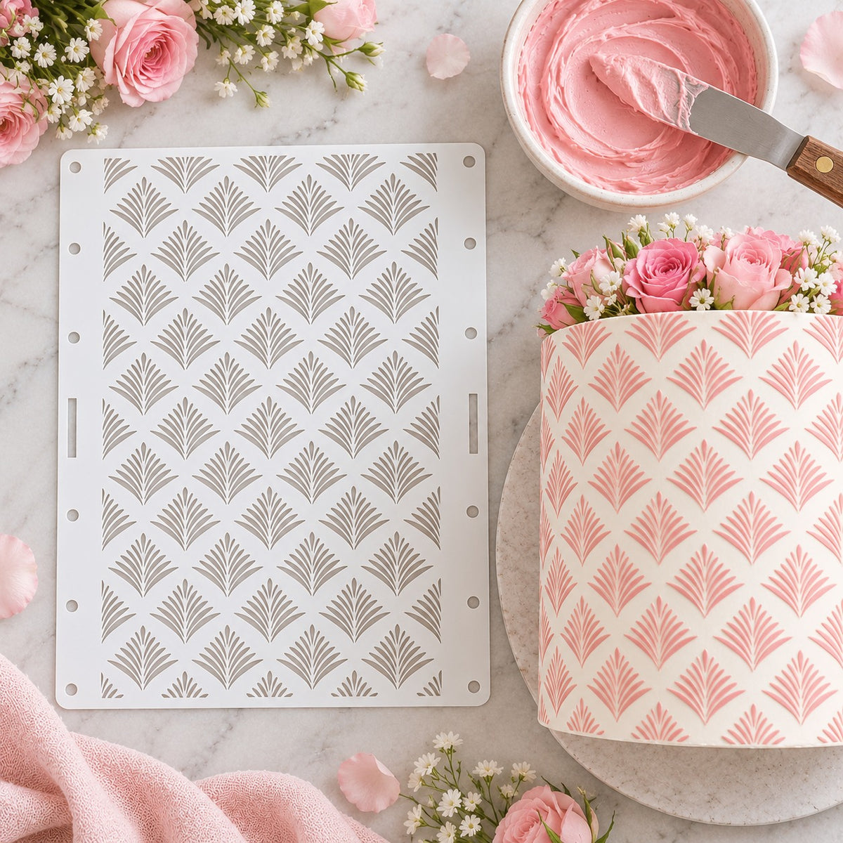 River Reeds Cake Stencil - XL Design Size - flat lay of the stencil with royal icing