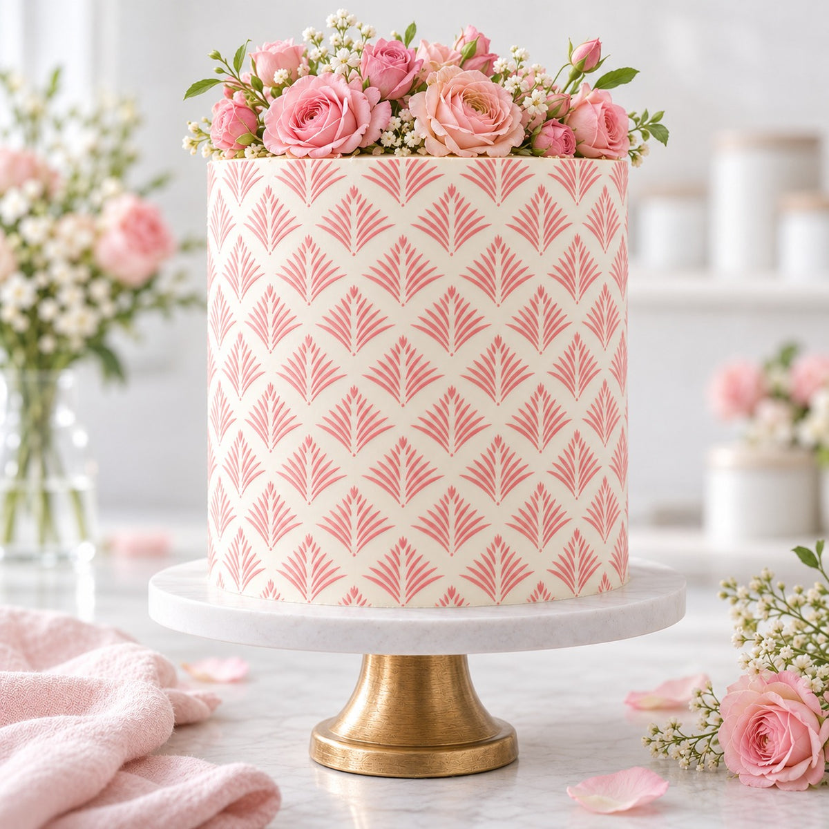 River Reeds Cake Stencil - XL Design Size - cake decorated with the stencil design