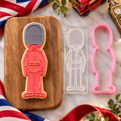 Beefeaters Royal Guard London Capital City Cookie Cutter and Embosser - flat lay with the finished cookie