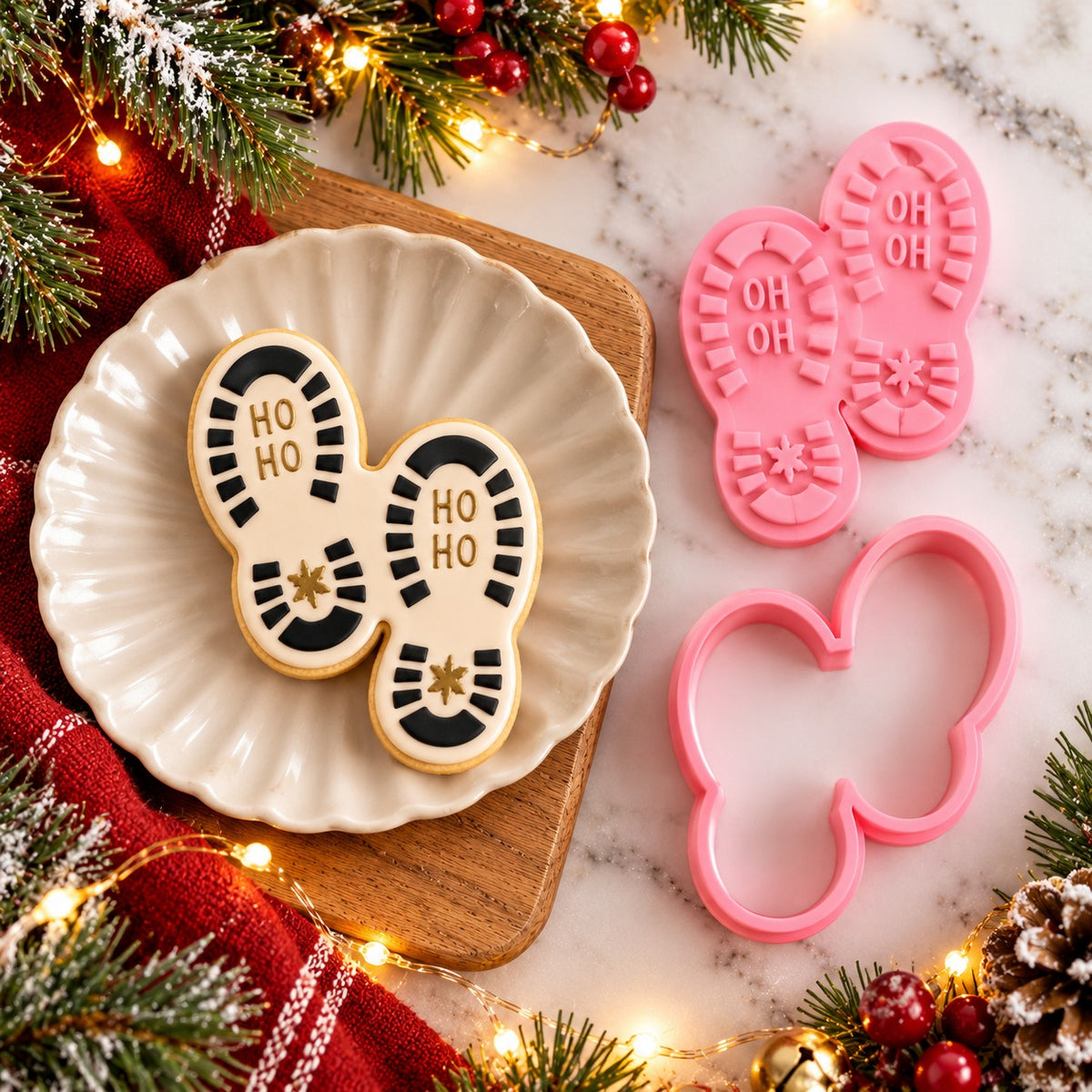 Santa's Footprint Christmas Cookie Cutter and Stamp - flat lay with the finished cookie