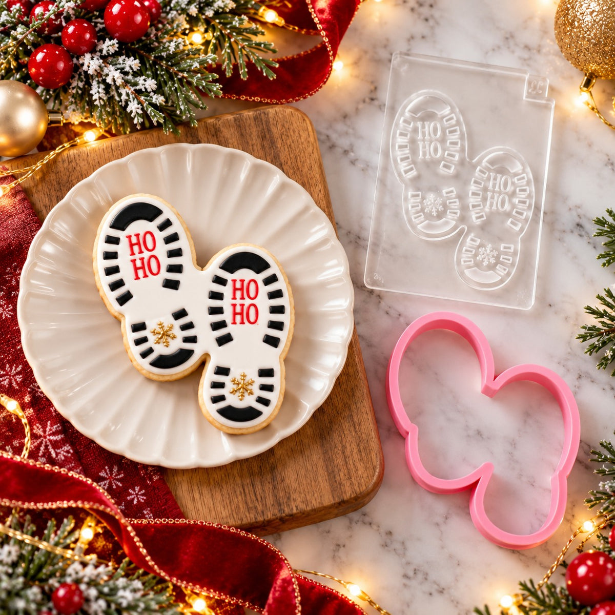 Santa's Footprint Christmas Cookie Embosser and Cutter - flat lay with the finished cookie