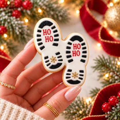 Santa's Footprint Christmas Cookie Embosser and Cutter - decorated cookie held in hand