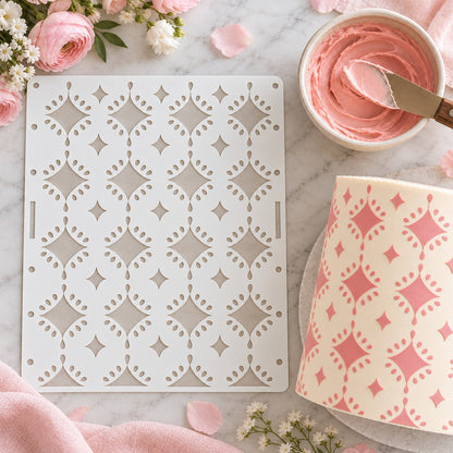 Sparkling Diamonds Large Pattern Cake Stencil - XL Size Design - flat lay of the stencil with royal icing