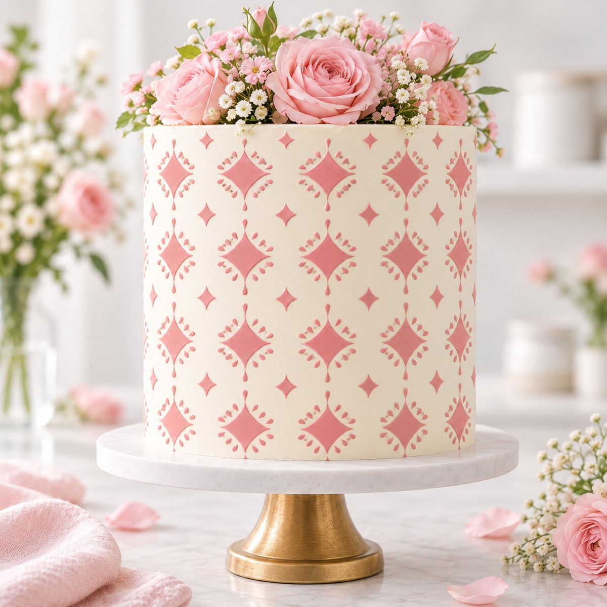 Sparkling Diamonds Large Pattern Cake Stencil - XL Size Design - cake decorated with the stencil design