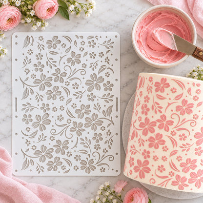Swirly Floral Cake Stencil - XL Design Size - flat lay of the stencil with royal icing