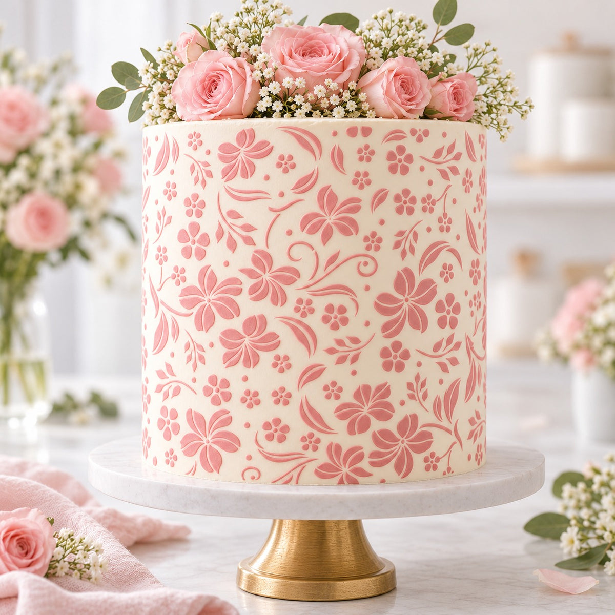 Swirly Floral Cake Stencil - XL Design Size - cake decorated with the stencil design