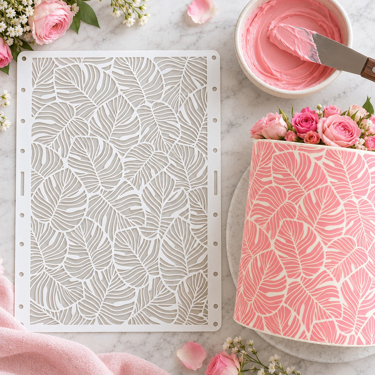 Tropical Paradise Cake Stencil - XL Size Design - flat lay of the stencil with royal icing