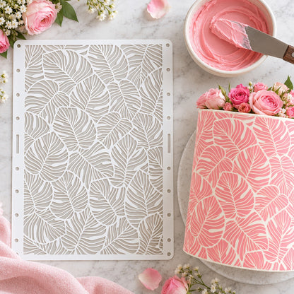 Tropical Paradise Cake Stencil - XL Size Design - flat lay of the stencil with royal icing