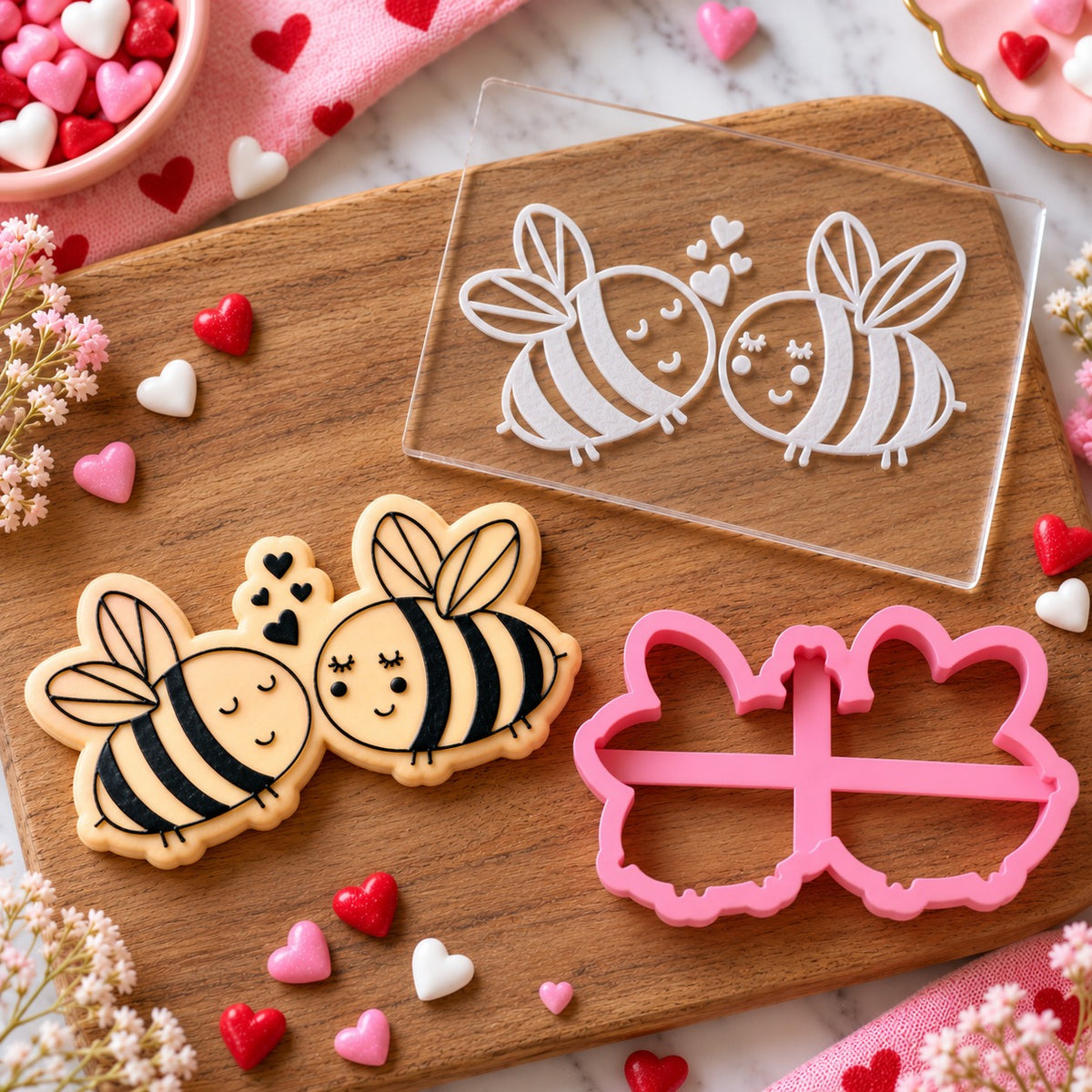 Two Bees In Love Valentine's Cookie Cutter and Embosser - flat lay with the finished cookie