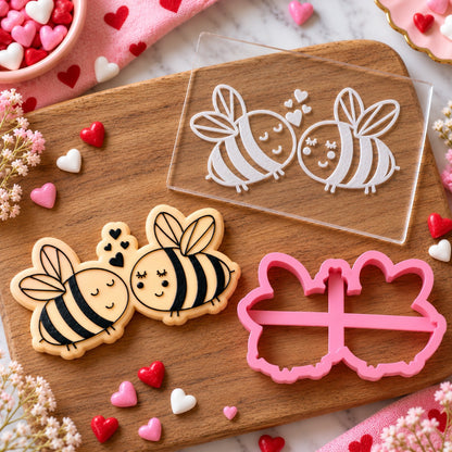 Two Bees In Love Valentine's Cookie Cutter and Embosser - flat lay with the finished cookie